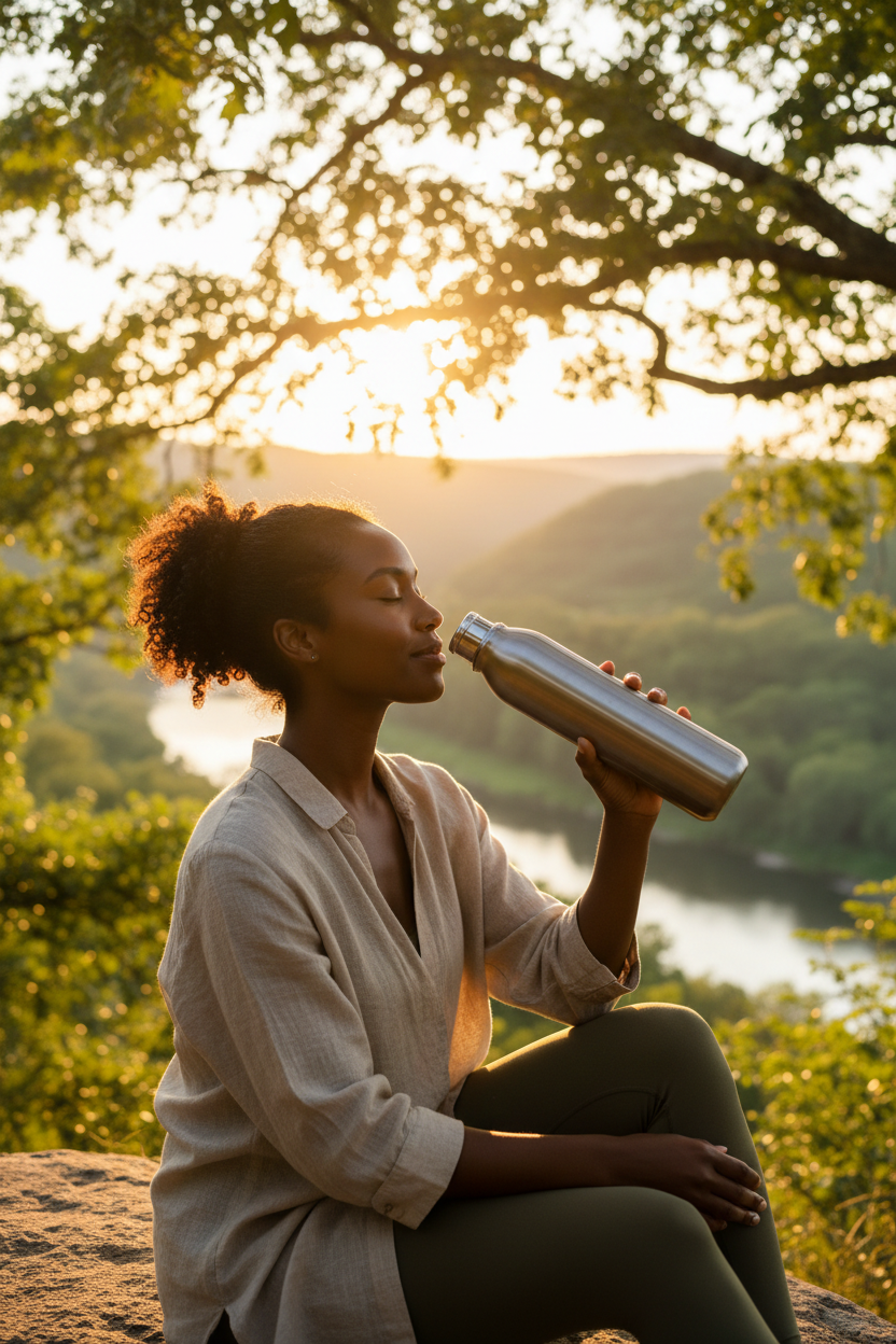 Young Black woman drinking water, golden hour, uplifting